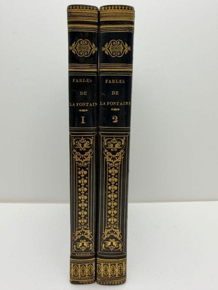 拉·丰坦（J. de）。《寓言集》。巴黎，埃姆勒兄弟出版社，1828年。两卷本，八开本，午夜蓝小牛皮