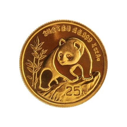25 yuan « Panda », 1/4 once d'or, 1990.
Avers : Te