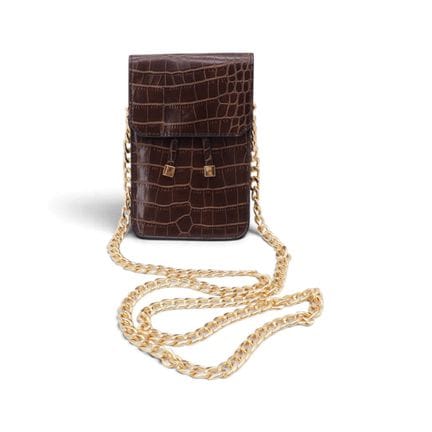 Pochette de téléphone en cuir brun effet crocodile