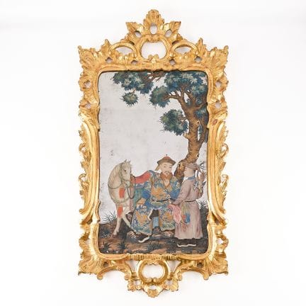 Grand miroir en verre peint au revers, de l’école 