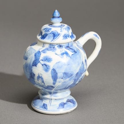 Vaso per senape in porcellana cinese blu e bianca,