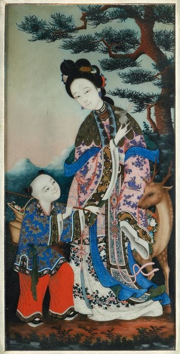 Grande peinture chinoise sur verre peinte au verso
