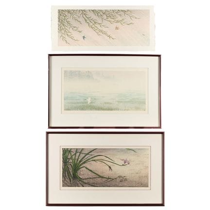 苏珊·艾金斯（加拿大，生于1952年）。一套三幅木版画，描绘植物与野生动物。 包括：一幅题为《雨柳》