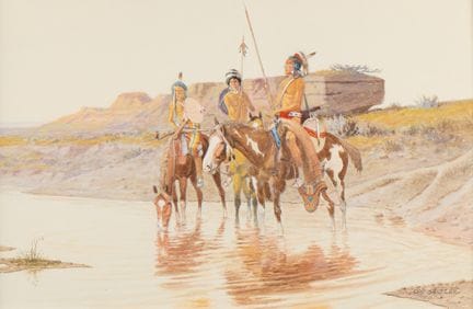 奥拉夫·卡尔·塞尔策（丹麦裔美国人，1877-1957）。纸本水彩画，描绘了三名骑马的美洲原住民。他