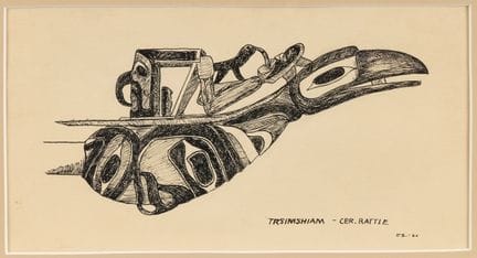 纸本水墨画，描绘了一件奇姆希安族（Tsimshian）的仪式用响板，也被称为“乌鸦响板”。画面右下角
