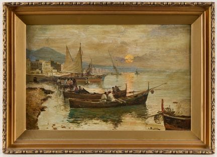 阿蒂利奥·普拉泰拉（意大利，1856-1949）。木板油画，描绘海岸风光。画面中，一排传统的意大利渔