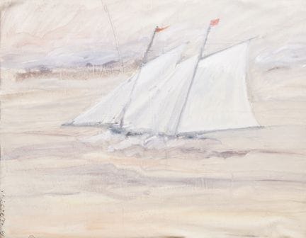 罗伯特·安德鲁·帕克（美国，生于1927年）。纸本水彩画，描绘了一艘帆船在淡紫色水面上航行，背景是粉