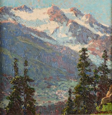 埃德加·阿尔温·佩恩（美国，1883-1947）。木板油画，题为《法国东部霞慕尼的山峦》。画面以厚重