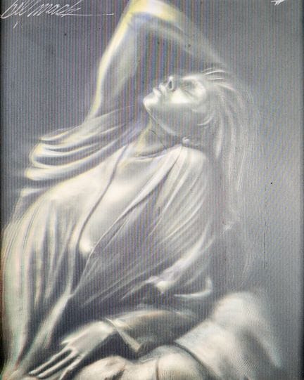 比尔·麦克（美国，生于1944年）。题为《光辉》的全息艺术印刷品。描绘了一位仰卧的女性形象，她头向后