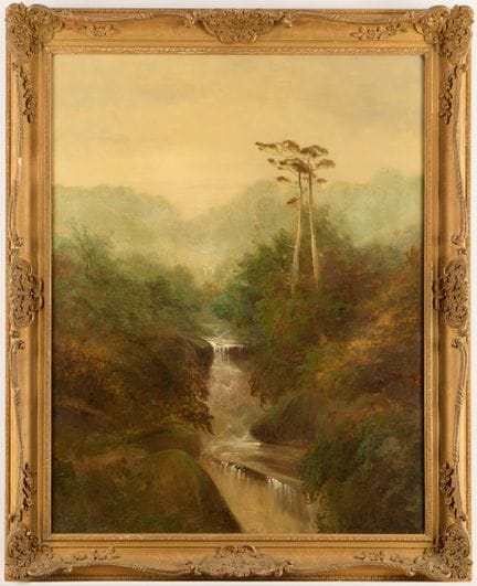 以斯拉·“埃尔默”·基恩（英国，1853-1929）。这幅布面油画风景画描绘了一棵高大修长的树，背景