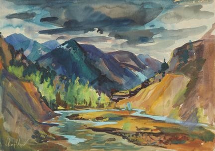 查尔斯·罗伯特·佩林（美国，1915-1999）。纸本水彩画，描绘山峦起伏的景观。左下角有签名。高：