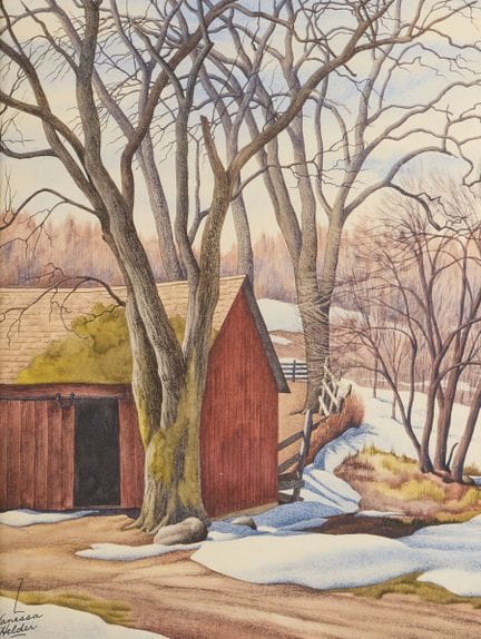 扎玛·瓦妮莎·赫尔德（美国，1904-1968）。纸本水彩画，描绘了一座坐落于森林景观中的乡村谷仓，