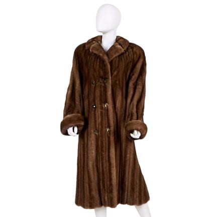 Full length double breasted brown mink coat. Linin
