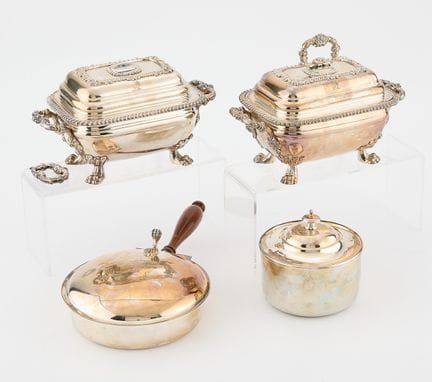 Four silverplate vessels including: Two covered di