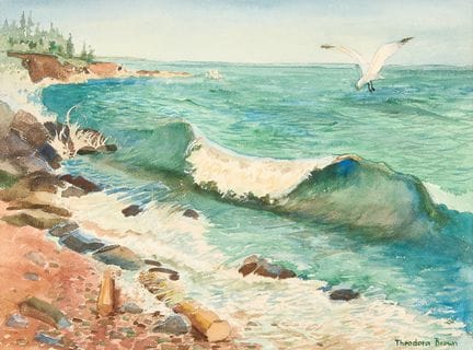 西奥多拉·布朗（美国，1900-1992）。纸本水彩画，题为《汹涌的波涛》。画面描绘了海浪拍打岩石海