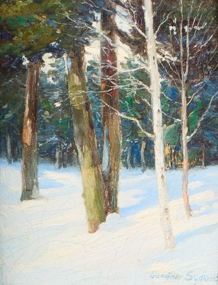 乔治·加德纳·西蒙斯（美国，1861-1930）。木板油画，描绘了一幅印象派风格的冬季森林风景。画面