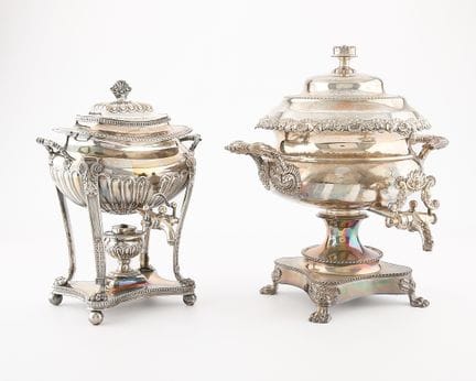 Two large English silver plated hot water, tea or 