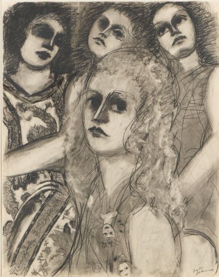 莱斯特·约翰逊（美国，1919-2010）。纸本炭笔画，描绘了四位卷发、深邃黑眸的女性形象。右下角有