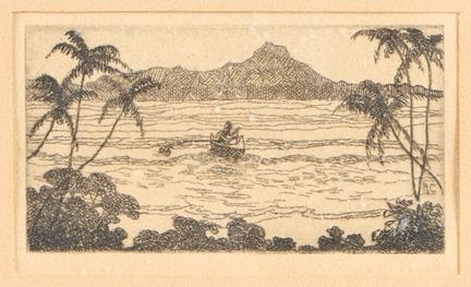 阿米莉亚·科茨（美国，1872-1949）。纸本蚀刻版画，描绘了一位人物在夏威夷热带海岸线划着单桨独
