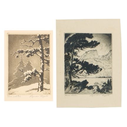 莱曼·拜克斯比（美国，1886-1980）。两幅纸本蚀刻版画组，题为《树与冷杉》和《熊湖》。 其中一