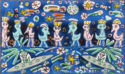 詹姆斯·里齐（美国，1950-2011）。题为《电线上的鸟儿》的三维丝网版画，1987年作。描绘了栖