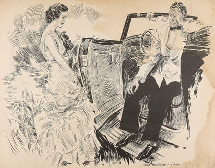 詹姆斯·蒙哥马利·弗拉格（美国，1877-1960）。 题为《与俯视的女子共舞》的纸本水墨插画。描绘