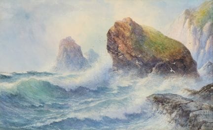 约翰·克拉克·艾萨克·尤伦（英国，1845-1932）。纸本水彩画，题为《从南面眺望狮子岩，基南斯湾