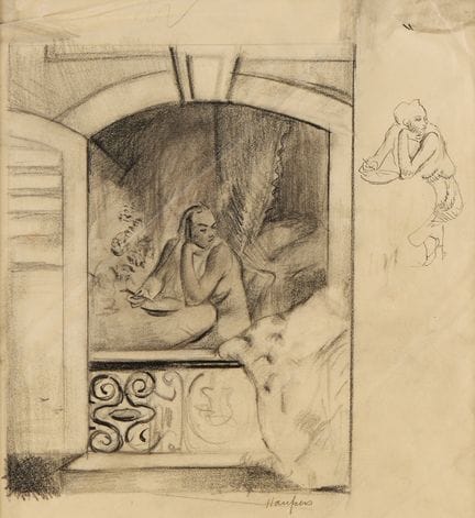 克莱门特·豪珀斯（美国，1900-1982）。纸本石墨素描，描绘了一名女子在餐桌旁进食的室内场景。右