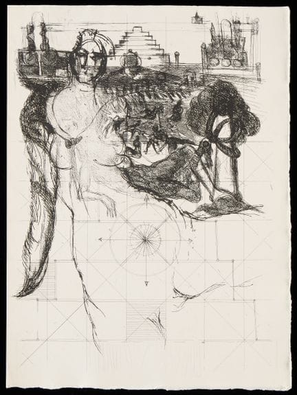 伯纳德·杜福尔（法国，1922-2016）。题为《谢赫拉扎德》的蚀刻版画，描绘了网格上的抽象裸体形象