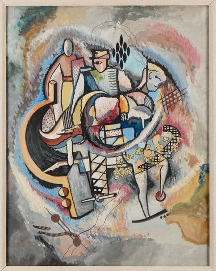 罗尔夫·斯卡莱特（加拿大，1889-1984）。纸本水粉画，描绘了支离破碎的类人形象。背景以烟灰色、