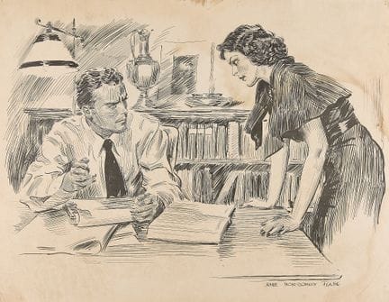 詹姆斯·蒙哥马利·弗拉格（美国，1877-1960）。题为《讨论》的纸本水墨插画。描绘了一对男女在书