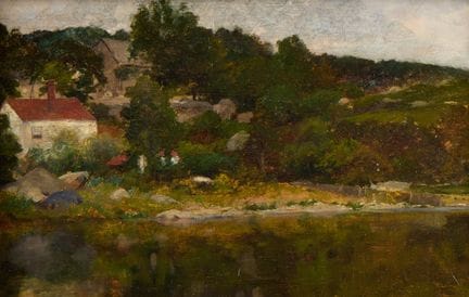 休·博尔顿·琼斯（美国，1848-1927）。木板油画，描绘了一幅沿海海景。画面中，一栋红顶的小白屋