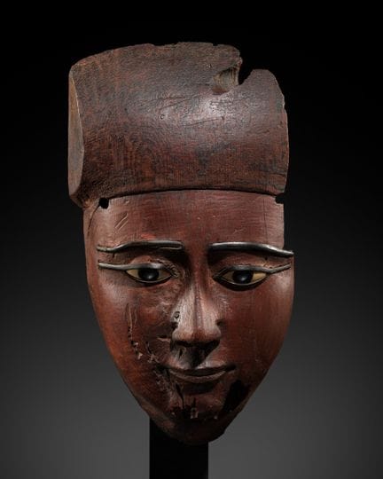 RARE MASQUE DE MOMIE ÉGYPTIEN EN BOIS INCRUSTÉ DE 