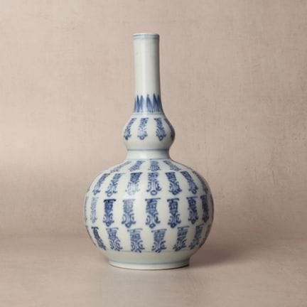 Vaso cinese "shou" a doppia zucca, blu e bianco, d