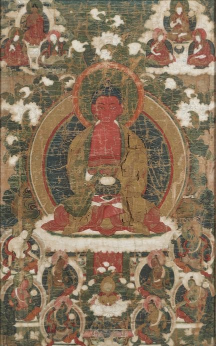 A Tibetan painted thangka of Amitabha, 17th-18th c