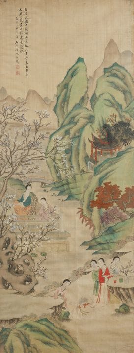 Peinture chinoise représentant un paysage avec des
