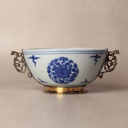 A fine Chinese silver-gilt-mounted blue and white 