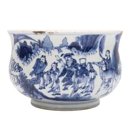 Grand encensoir chinois bleu et blanc représentant