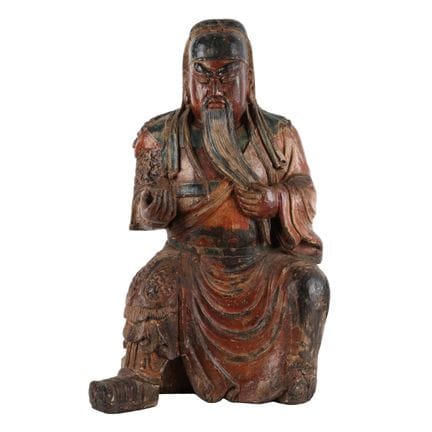 Grande statue chinoise en bois polychrome représen