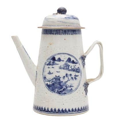 Pot à chocolat chinois bleu et blanc à « motif de 