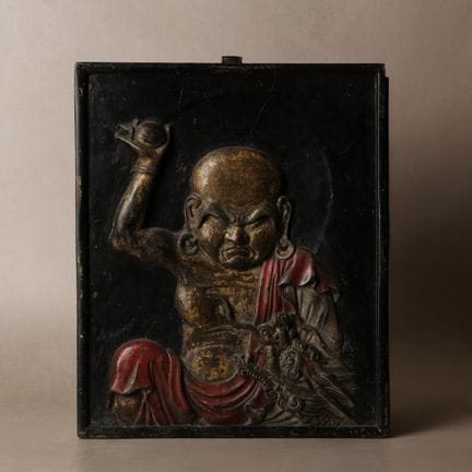 Panneau de temple japonais en bronze représentant 