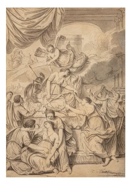 塞巴斯蒂安·布尔东（法国，1616-1671）的追随者  《迪多之死》  纸本水墨画 未装裱尺寸：2