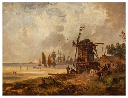 英国画派（19世纪后期）  一幅沿海风景画，画面中有一座风车，远处是繁忙的港口  布面油画 未装裱：