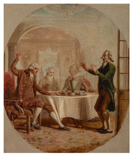 罗伯特·斯米尔克 R.A.（英国，1752-1845）的画派  《茶歇时的发脾气》，画于仿椭圆形画框