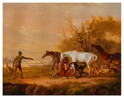 格里特·马莱恩（荷兰，1753-1816） 《引诱母马》 签名“G Mallein [...]”（左