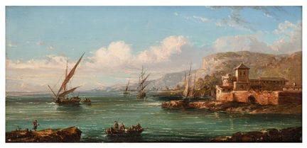 英国画派（19世纪中后期） 《地中海海湾中的船只》 木板油画 未装裱：18 × 35 厘米。 （7 