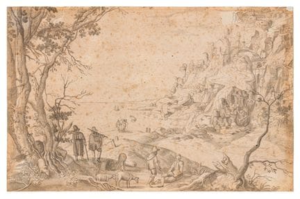 据威廉·范·尼兰特（佛兰德斯，1584-1635/36）原作  《岩石海岸风光中的行人与羊群》  单