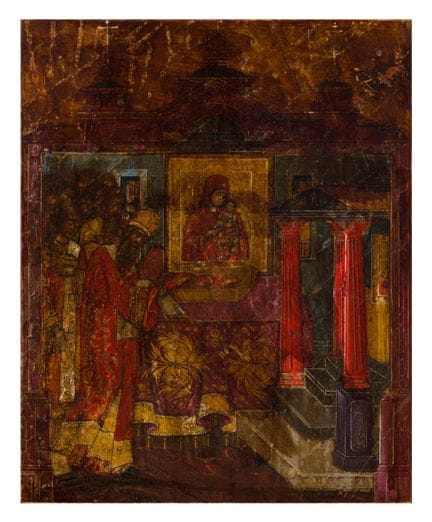 一幅19世纪的俄罗斯圣像画 《主教们在圣母面前》 蛋彩画，绘于石膏底上，饰以金箔 未装裱尺寸：21.