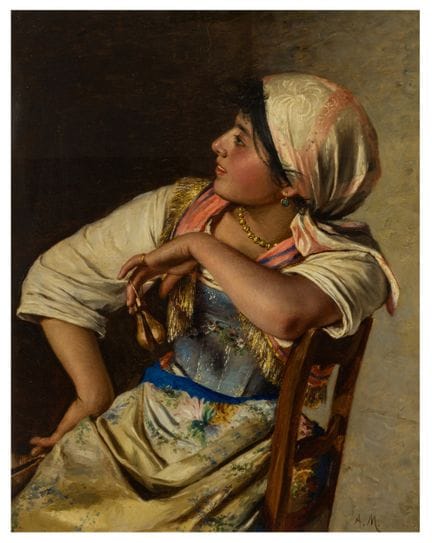 阿基莱·莫利卡（意大利，1832-1885）  《一位意大利女士的肖像》  右下角署有“A.M.”字