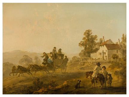 朱利叶斯·凯撒·伊贝森（英国，1759-1817）  《马车中有人物的风景，远处有农舍》  布面油画